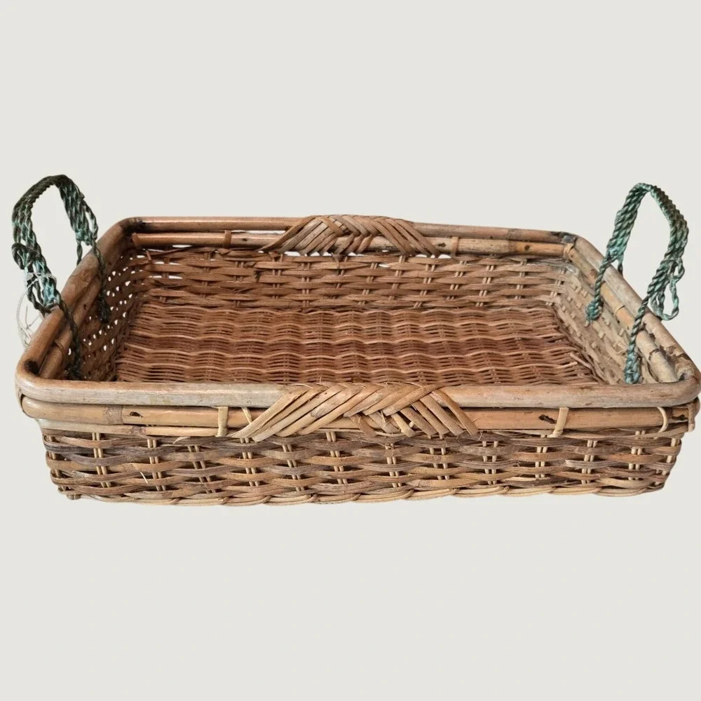 Vintage Heironimus Wicker Rattan Serving Basket Tray Green Metal Handles 16